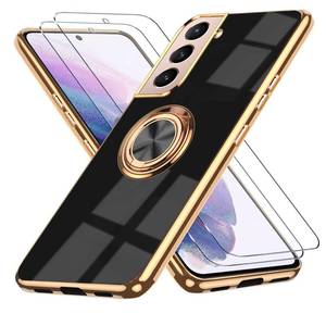 lot 12292 image: ZOEVEES for Samsung Galaxy S21 5G Case, with 2 Screen Protector, Built-in 360° Ring Holder Magnetic Stand, Luxury Electroplated Plating Edge Shockproof Protective Phone Cover, Black