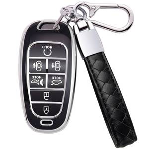 lot 12419 image: Kespevn for Hyundai Key Fob Cover 7 Button with Leather Keychain Soft TPU 360 Degree Protection Car Key Case Shell Holder Fits for 2023 2022 2021 2020 Hyundai Sonata Santa fe Tucson, Black