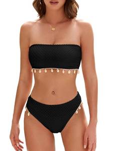 lot 12436 image: ZAFUL Women Strapless Bandeau Bikini Shell 2 Piece Swimwear Cheeky Solid Lace up Pom Bathing Suits(0-Black,M)