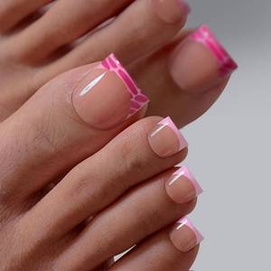 lot 12446 image: BTArtbox Press On Toenails - Lamp-Curable Sharp Square Toe Nail Press Ons with Glue for Women, Semi-Transparent French Tip Fake Toe Nail Tips in 15 Sizes - 30 Toenails Kit, Pink Croc