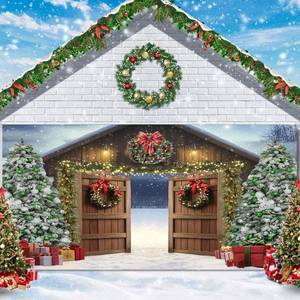 lot 19838 image: 7X8ft Christmas Barn Door Garage Door Decoration Background Winter Barn Xmas Tree Snow Backdrop Xmas Festival Party Banner for Family Holiday Party Outdoor Indoor Banner Cover