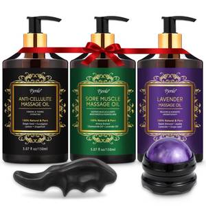 lot 19849 image: Pjordo 1 Pack Massage Oil for Massage Therapy, Lavender Oil for Relaxation, Sore Muscle Arnica Oil & Cellulite Massage Oil, with Massage Roller Ball & Thumb Saver Tool, Massage Kit for Him Her