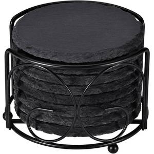 lot 20354 image: Slate Drink Coasters with Metal Holder, GOH DODD Set of 8 Black Coasters, 4 Inch Stone Coaster Set Tabletop Protection for Home Outdoor Kitchen Apartment Decor Housewarming Gifts Wedding Party, Round