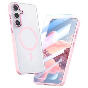lot 20365 image: MILPROX Magnetic Case for Samsung Galaxy S24, ��Free Screen Protector�� ��Compatible with MagSafe�� Metal Frame Lens & Button Translucent Matte Back�� Protective Phone Cover (Pink)