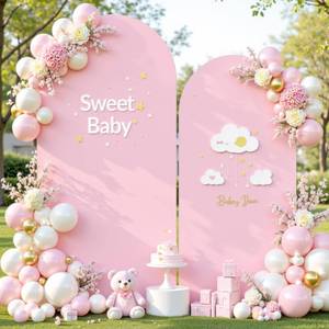 lot 20372 image: Pink Photo Arch Backdrop Cover Set of 2 for Baby Shower Party 7.2ft and 6ft Arch Covers Stretchy Backdrop Spandex Arch Stand Covers for Girls Birthday Wedding Bridal Shower Background Decorations ( Frame not included)