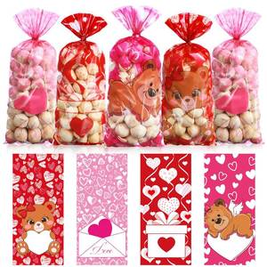 lot 20381 image: Pasimy 100 Pcs Valentines Treat Bags Bulk Valentines Day Cellophane Gift Bags Pink Red Heart Clear Sweet Bear Plastic Goodie Candy Pouches with Twist Ties for Wedding Party Favors Supplies
