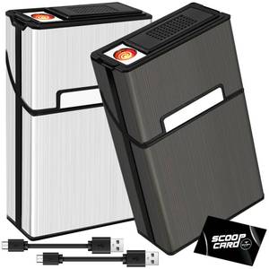 lot 20395 image: roygra Cigarette Case with Lighter (2 Pack), King Size 85mm Magnetic Switch 20 Capacity Holder Case for Men Women, Cigarettes Smoking Accessories, Rechargeable Flameless Windproof Electric Lighters