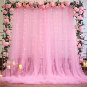 lot 20397 image: Pink Tulle Backdrop Curtains with Lights String for Parites 10ft�8ft Wrinkle Free Pink Sheer Sparkle Backdrop Curtains for Baby Shower Girls Bridal Shower Birthday Party Photo Shoot Decorations