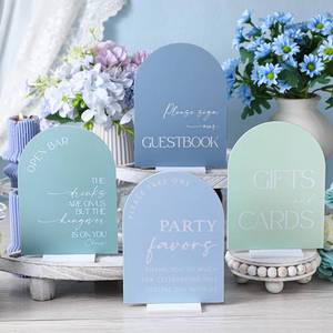 lot 20398 image: Weysat 4 Pcs Acrylic Wedding Signs for Ceremony and Reception, 5x7 Inch Dusty Blue Wedding Signage Decor with Stand, Guest Book, Cards and Gifts, Open Bar, Favor Signs for Marriage Memorial Ceremony