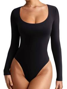 lot 20426 image: REORIA Womens Fall Outfits Basic Scoop Neck Long Sleeve Leotards Fashion Sexy Double Lined Layering Slim Body Suit Tops Plus Size Black XX-Large