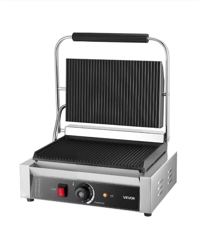 lot 4649012 image: VEVORCommercial Panini Grill, 1,800-Watt Small Electric Product Type. Sandwich Maker, Stainless Steel Sandwich Press, Silver - Retail $158
