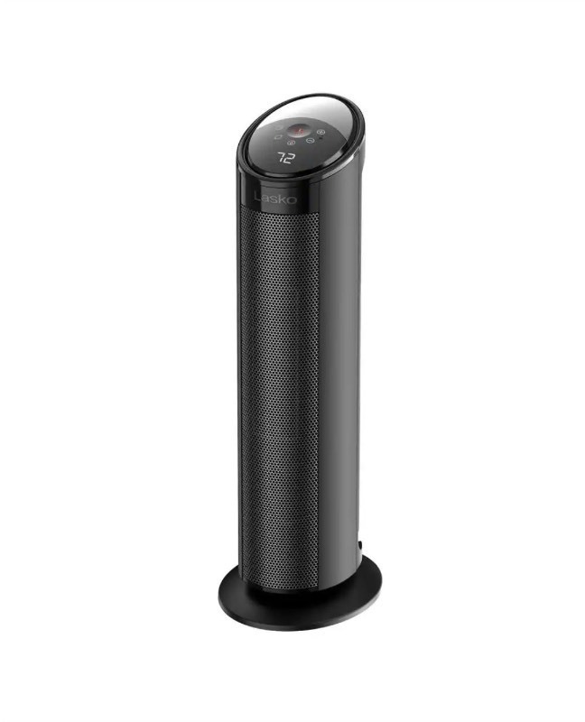 lot 4649016 image: Lasko1500W 22 in. Black Indoor Electric Tower Ceramic Forced Air Ceramic Space Heater with Child Lock, 3-Speeds, and Remote - Retail $53