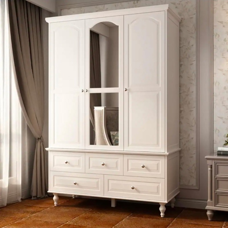 lot 4649084 image: FUFU&GAGAWhite Paint Big Wardrobe Armoires WMirror, Hanging Rod, Drawers, Adjustable Shelves 70.9 in. H x 47.2 in. W x 20 in. D - Retail $361