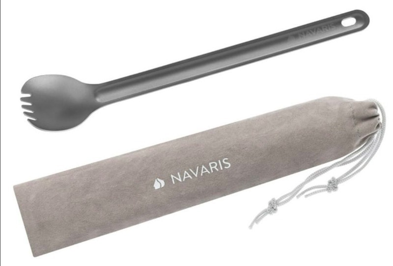 lot 4651049 image: Navaris Long Handle Titanium Spork - 8.4 (21.5cm) Long Metal Utensil for Backpacking and Camping - Extra Strong and Lightweight - Includes Carry Bag - Retail $7