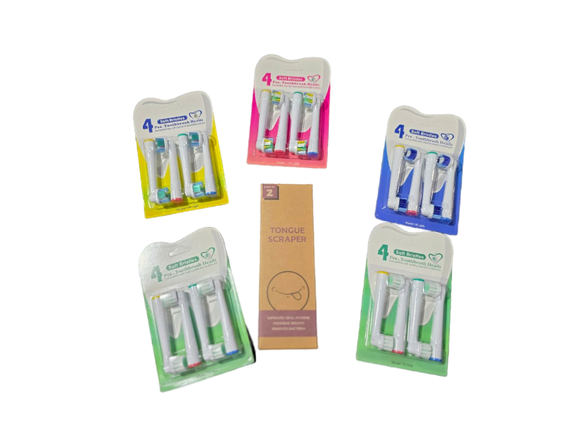 lot 4651065 image: Replacement Electric Toothbrush Heads Compatible with Oral-B, 20 Pack Replacement Head  2 Tongue Scrapers to Eliminate Bad Breath, 4 Types of Brush Heads - Retail $14