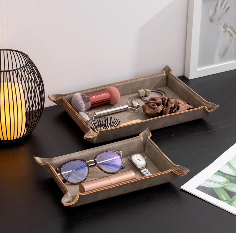 lot 4651098 image: Navaris Faux Leather Tray Set - 2 Valet Organizer Trays for Bedside Table Desk with Dividers- Store Keys, Change, Wallet, Phone, Glasses - Gray - Retail $26