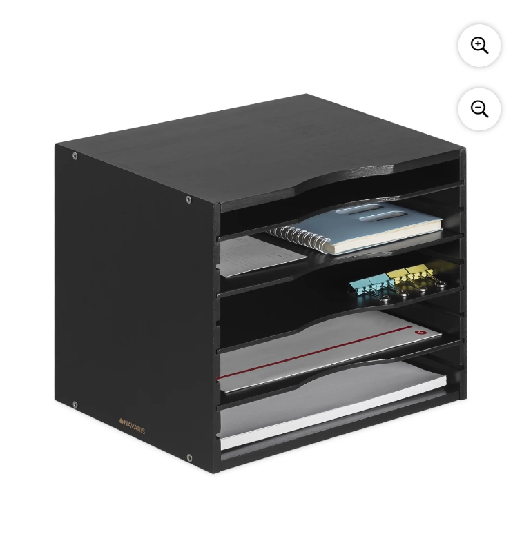 lot 4651158 image: Navaris Bamboo Desk File Organizer - Paper Tray Letter Storage with 4 Adjustable Shelves - Desktop Inbox Trays - 13 x 9.6 x 10.2 - Black - Retail $32