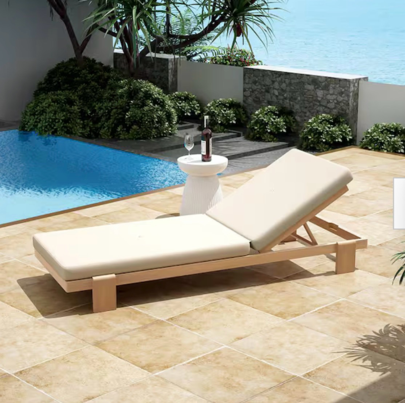 lot 3565009 image: CHRISTOPHER KNIGHT HOME Laramie Patio Solid Wood Frame Outdoor Chaise Lounge with Beige Cushion Teak Finish - Retail $350