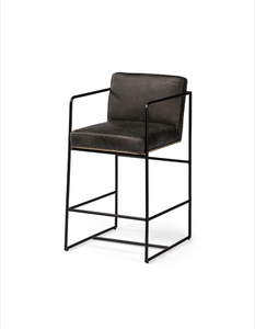 lot 5127032 image: Mercana Stamford 36 Total Height Black Leather Seat w Wood Back, Metal Frame Counter Stool 68763 36.02H x 18.7W x 22.64D - Retail $1,727