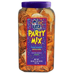 lot 1014 image: PARTY MIX CRUNCHY CURLS, TORTILLA CHIPS, BBQ CORN CHIPS, PRETZEL WHEELS, NACHOS 26 Oz