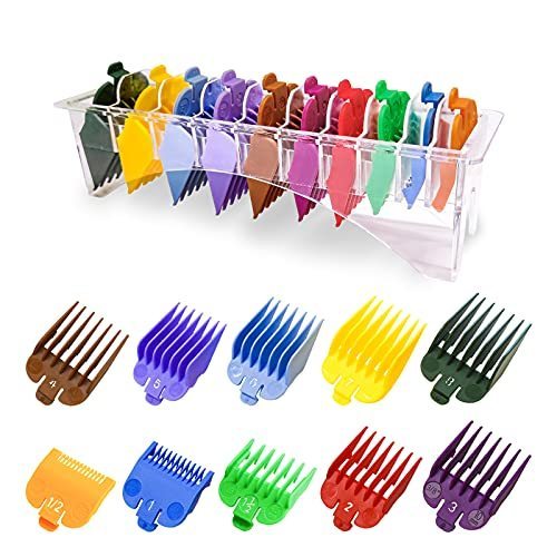 lot 1111 image: 10 Professional Hair Clipper Guards Cutting Guides Fits for Most Wahl Clippers with Organizer, Color Coded Clipper Combs Replacement - 116 to 1 Retail $11.28