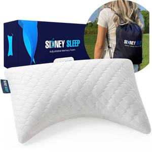 lot 1200 image: Sidney Sleep Mini Travel Size Neck Pillow - Knee, Back Lumbar and Support - Small Curved Pillow - 14 x 19 Inches - Adjustable Loft - Washable - Drawstring Backpack Included (White) - Retail $34