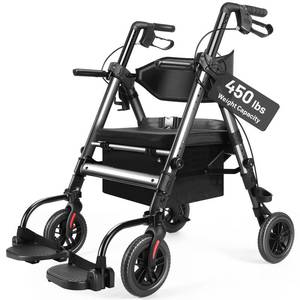 lot 1004 image: Heavy Duty Rollator Walker for Seniors with Seat, Foldable 2 in 1 Rolling Walkers Wheelchair Combo for Adult, All Terrain Wheels, Adjustable Transport Chair with Brake, 450 lb. Weight Capacity, Grey - Retail $230