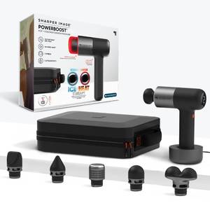 lot 1010 image: Sharper Image Deep Tissue Percussion Massage Gun, Powerboost Pro Hot & Cold Rechargeable Handheld Massager, 6 Adjustable Speeds, 5 Attachment Heads & Carrying Case, Muscle Pain Relief, Black - Retail $169