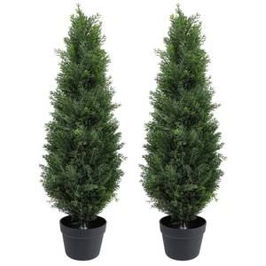 lot 1026 image: Artificial Topiary Cedar Trees 3FT Tall, Outdoor Indoor Faux Pine Shrubs Plants, Realistic Fake Plants Front Porch Decor, for Front Porch Decor Patio Offices Living Room, Set of 2 - Retail $70