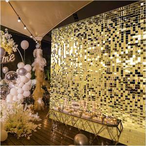 lot 1027 image: Kate Square Light Gold Sequin Wall Panels Shimmer Wall Birthday Party Backdrop Decorations (Pack of 12) - Retail $39