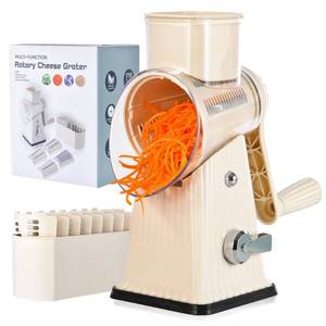 lot 1029 image: Xilrvna RotaryCheese Grater,VegetableShredder 5 in 1 Cheese Grater with HandleedderReinforcedSuction,EasytoClean,KitchenChopperforCrushedIce,Fruits and Nuts with Blade Storage Case��White - Retail $24