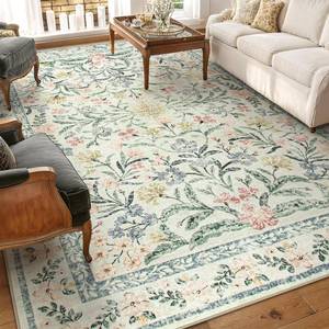 lot 1060 image: Morebes Washable Area Rugs 9x12 Living Room, Boho Large Cream Rugs for Farmhouse Non Slip, Soft Ultra-Thin Distressed Floral Carpet for Bedroom Nursery Girls Home Office Decor - Retail $160
