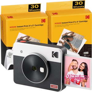 lot 1090 image: KODAK Mini Shot 3 Retro 4PASS 2-in-1 Instant Camera and Photo Printer (3x3 )  68 Sheets Bundle  White - Retail $176