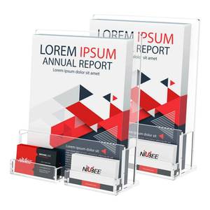 lot 1094 image: NIUBEE  Acrylic Brochure Holder 8.511 inches , Clear Brochure Display Stand with Acrylic Business Card Holder, Plastic Flyer Display Stand for Magazine, Pamphlet, Booklets, Menu, Journals - Retail $14
