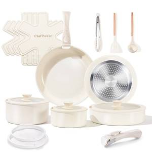 lot 1145 image: Chef Power Ceramic Cookware Set Non Toxic with Detachable Handles, Healthy Nonstick Pans and Pots Set 19 Pcs, Induction Dishwasher Oven Safe Kitchen Set, PFAS PFOA & PTFE Free, Cream White - Retail $95