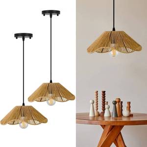 lot 1147 image: TERLEENART Hard Wired Rattan Pendant Lights Set of 2,Kitchen Island Pendant Lights with 12�� Flower Shade,Boho Handwoven Paper Rope Rattan Ceiling Light for Living Room Dining Room Restaurant Foryer - Retail $90
