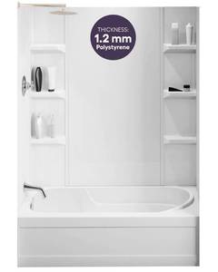lot 1156 image: Lightweight Polystyrene Tub Wall Surround D32x W60x H58 - Waterproof, Easy-to-Install, Includes Two Shelf Units - Bathtub Wall Surround Panels, Plain Pattern, Classic Shelves - Noah William Home - Retail $319