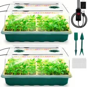 lot 1162 image: Ryscam Seed Starter Tray with Grow Light, 96-Cell Seed Starter Kit, Seedling Starter Trays with Humidity Domes, Automatic Timer, Adjustable Light Indoor Gardening Plant Germination Trays - Retail $30