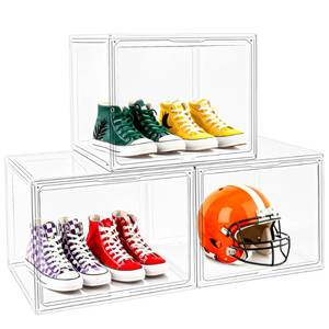 lot 1164 image: 3 Pack XXX-Large Tall Boot Storage Organizer 17.3x13x13, Acrylic Display Case Shoe Boxes Extra Large Helmet Showcase Clear Stackable Hangbag Tote Bag with Magnetic Lid, 3 Pack Boxes with 2 Shoe Bags - Retail $83