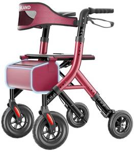 lot 1170 image: HOMLAND Foldable Rollator Walkers for Seniors with Seat, 10 All-Terrain Wheels & Curb Climber, 16.4 lb Lightweight Walker with Lockable Brakes, 300 lbs Capacity, Burgundy - Retail $180