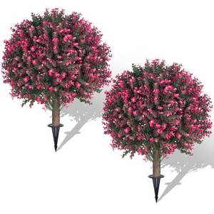 lot 1176 image: AOKIIE Set of 2 Artificial Rose Boxwood Topiary Ball Bush for Outdoor with Ground Spike 22, UV Resistant Faux Greenery Shrubs, Fake Rose&Green Boxwood Plants for Garden, Yard, Porch, Patio Decor - Retail $60