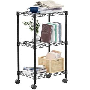 lot 1190 image: M MZG 3 Tier Shelf Metal Storage Shelves Wire Rack Closet Organizers with Wheel for Garage Kitchen Bathroom Laundry Black 11.8 D x 17.7 W x 29.8 H - Retail $30