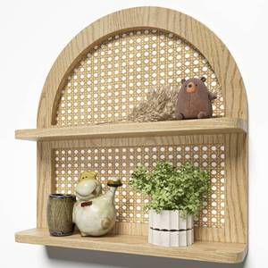 lot 1216 image: LUDORU Wood Boho Rattan Wall Shelf - 2-Tier Arched Wicker Floating Shelf Natural Wood New Boho Shelf, Rustic Farmhouse Nursery Decor Shelves Wall Mounted, Neutral Handcrafted (16l Natural Color) - Retail $75