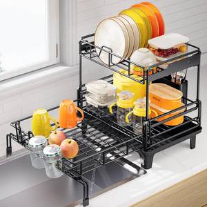 lot 1234 image: Urackify Dish Drying Rack - Extendable Dish Drainer, Large Dish Rack for Kitchen Counter, Rustproof Dish Strainer with Utensil Holder and Cups Holder, 2 Tier Black - Retail $40