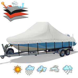 lot 1237 image: Solim Center Console Boat Cover, 20-22 Waterproof 1300D PU Heavy Duty Marine Grade Boat Cover for Center Console Boat, Trailerable UV Resistant Oxford Polyester Canvas with 18 Tie Down Straps, Gray - Retail $120