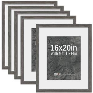 lot 1240 image: VCK 16x20 Picture Frame 5 Pack - Grey, High-End Wood Poster Frames with Tempered Glass, Display 11x14 Photo with Mat or 16x20 without Mat, Art Gallery-Quality, Wall Hanging, Grey - Retail $72