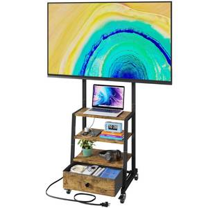 lot 1269 image: Rolling TV Stand with Wheels and Mount & Fabric Drawer - Entertainment Center with Power Outlet and Small TV Stand for Bedroom, Living Room - 15 Rustic Brown - Retail $90