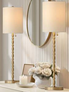 lot 1271 image: BRASSLISM Buffet Lamps Set of 2, 28.5 Tall Brass Finish Lamps for Entryway, Hallway, Console Table, Dining Sideboard or Living Room, UL Certified with Pull Chain, Linen Shade, Urban Luxury Style - Retail $87