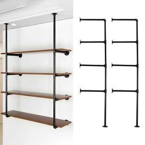 lot 1275 image: HBLYJS Industrial Pipe Shelving System with 4 Tiers, Black Iron Wall Mount, Floor to Ceiling Storage Rack, Rustic Farmhouse Style, DIY Bracket Supports (No Planks) - Retail $37