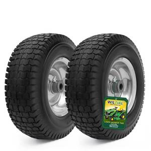 lot 1279 image: Wiltire 13x5.00-6 Flat Free Tire and Wheel Assemblies (2 Pack),13 x 5 x 6 Solid Rubber Tires and Wheel for Riding Lawn Mower - With 34 Bushings (Extra 58 Bushings) and 3 Centered Hub (Grey) - Retail $80